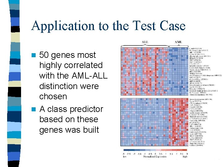 Application to the Test Case 50 genes most highly correlated with the AML-ALL distinction Application to the Test Case 50 genes most highly correlated with the AML-ALL distinction