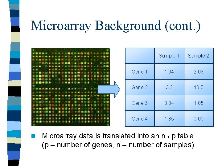 Microarray Background (cont. ) n Sample 1 Sample 2 Gene 1 1. 04 2. Microarray Background (cont. ) n Sample 1 Sample 2 Gene 1 1. 04 2.
