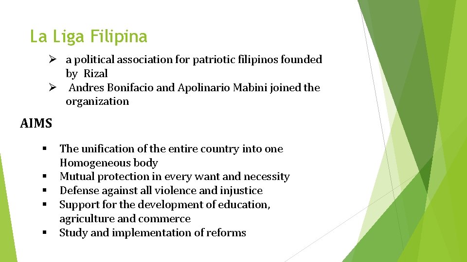 La Liga Filipina Ø a political association for patriotic filipinos founded by Rizal Ø