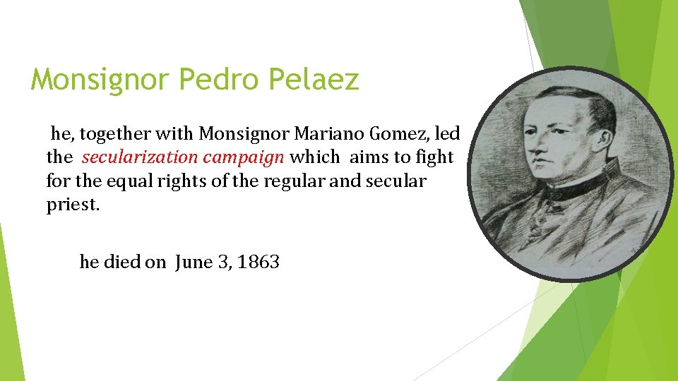 Monsignor Pedro Pelaez he, together with Monsignor Mariano Gomez, led the secularization campaign which