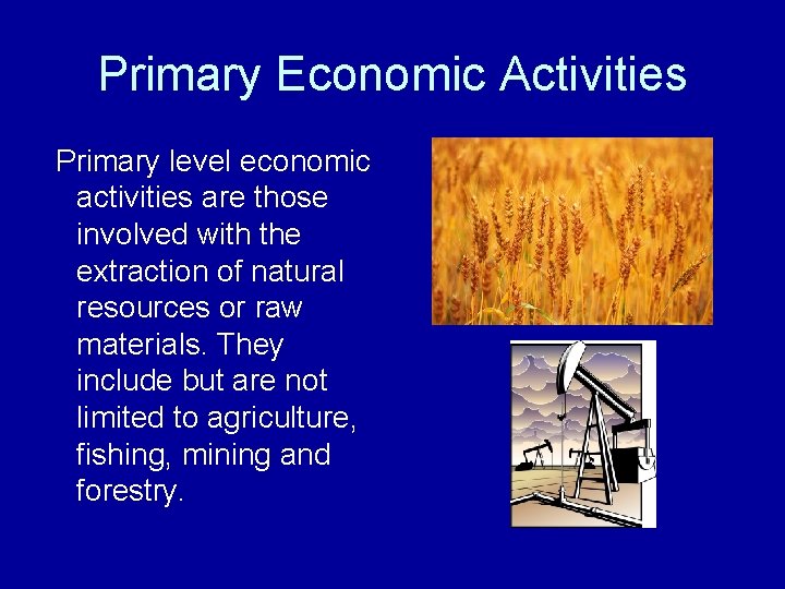Primary Economic Activities Primary level economic activities are those involved with the extraction of