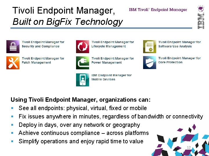 Tivoli Endpoint Manager, Built on Big. Fix Technology Using Tivoli Endpoint Manager, organizations can: