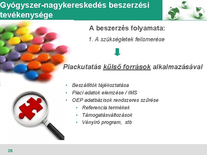 Gyógyszer-nagykereskedés beszerzési tevékenysége A beszerzés folyamata: 1. A szükségletek felismerése 2. A szükségletek pontos