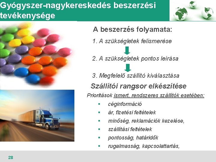 Gyógyszer-nagykereskedés beszerzési tevékenysége A beszerzés folyamata: 1. A szükségletek felismerése 2. A szükségletek pontos