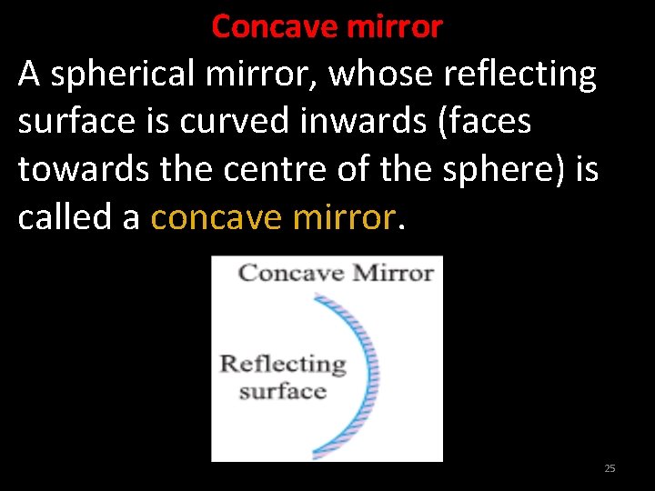 Concave mirror A spherical mirror, whose reflecting surface is curved inwards (faces towards the