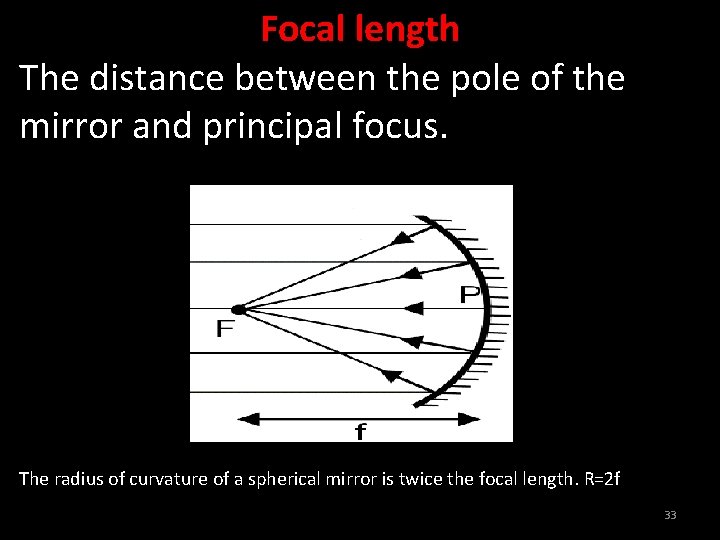 Focal length The distance between the pole of the mirror and principal focus. The