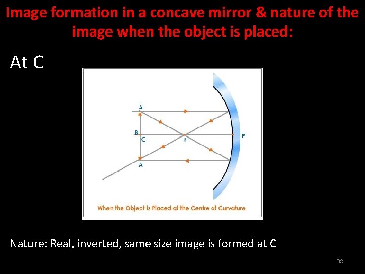 Image formation in a concave mirror & nature of the image when the object