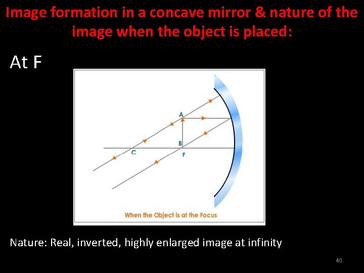 Image formation in a concave mirror & nature of the image when the object
