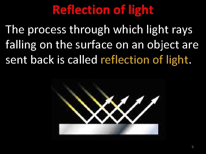 Reflection of light The process through which light rays falling on the surface on