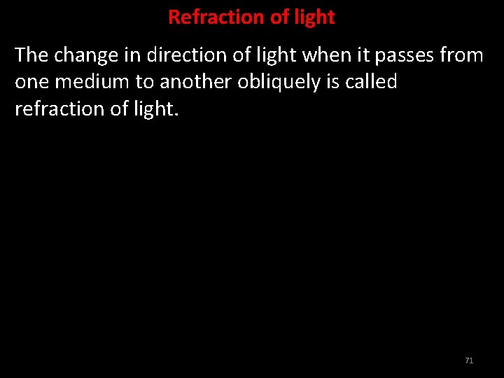 Refraction of light The change in direction of light when it passes from one
