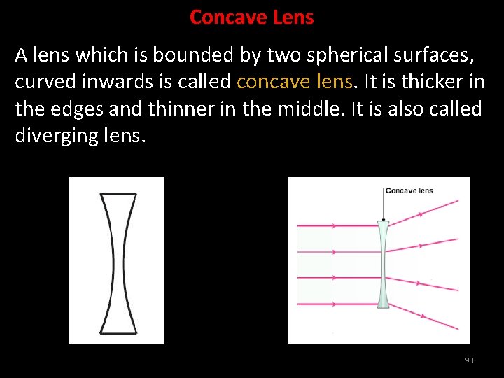 Concave Lens A lens which is bounded by two spherical surfaces, curved inwards is