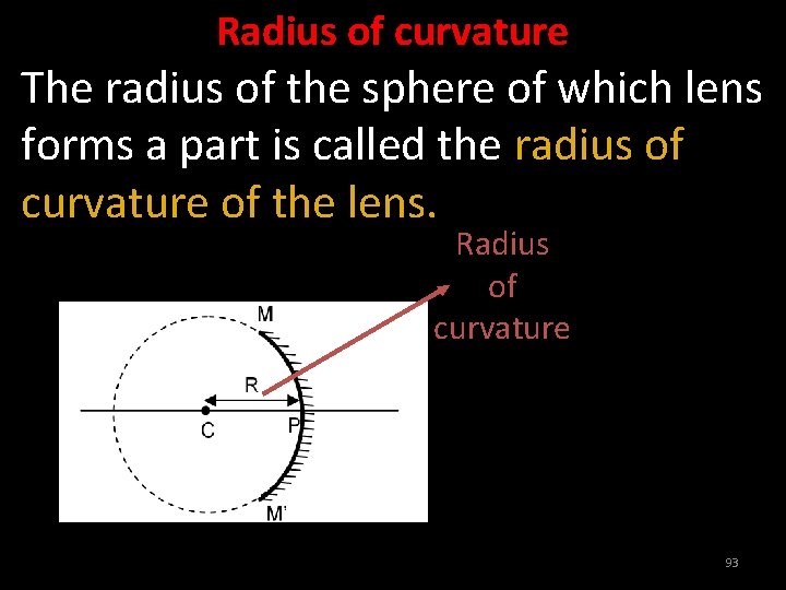 Radius of curvature The radius of the sphere of which lens forms a part