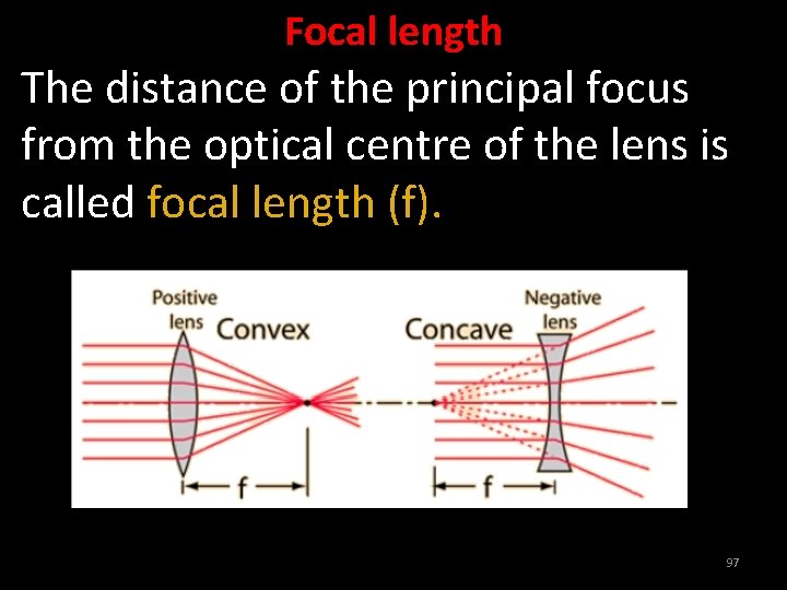 Focal length The distance of the principal focus from the optical centre of the