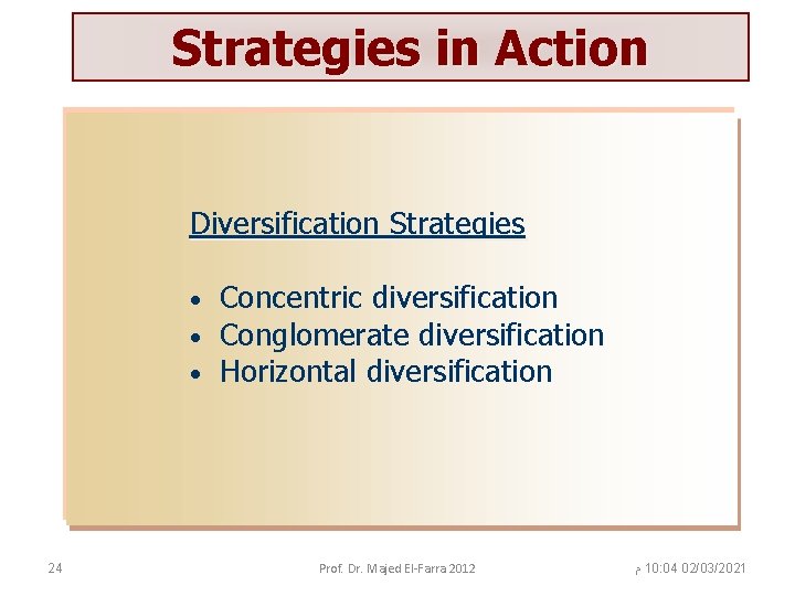 Strategies in Action Diversification Strategies • • • 24 Concentric diversification Conglomerate diversification Horizontal