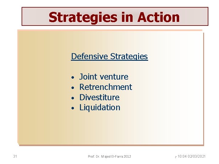 Strategies in Action Defensive Strategies • • 31 Joint venture Retrenchment Divestiture Liquidation Prof.