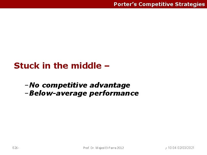 Porter’s Competitive Strategies Stuck in the middle – –No competitive advantage –Below-average performance 626