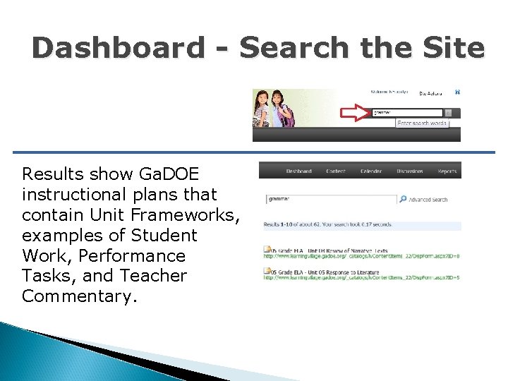 Dashboard - Search the Site Results show Ga. DOE instructional plans that contain Unit