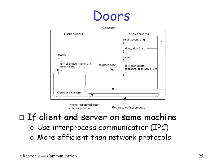 Doors q If client and server on same machine o Use interprocess communication (IPC)