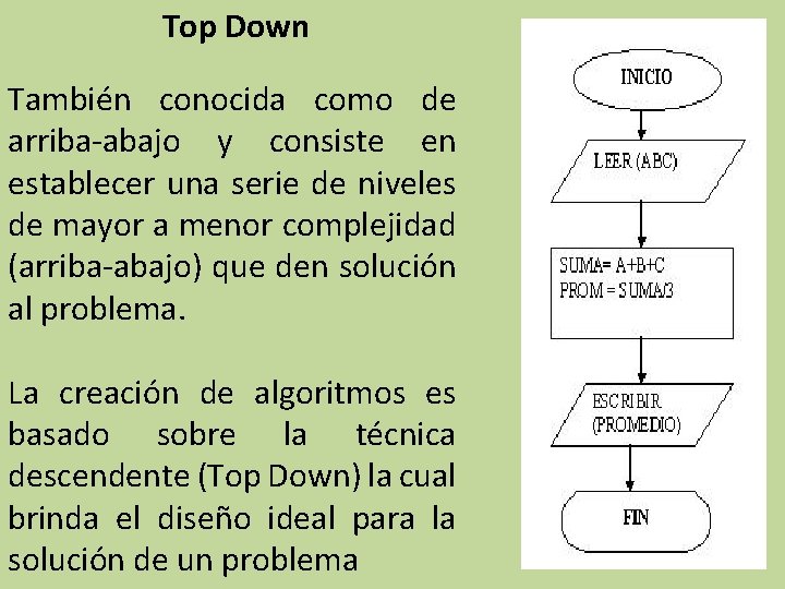 Top Down También conocida como de arriba-abajo y consiste en establecer una serie de