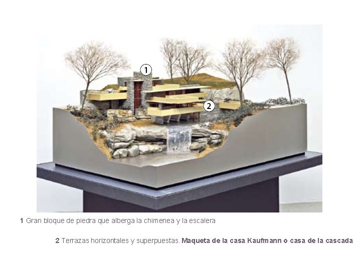 1 Gran bloque de piedra que alberga la chimenea y la escalera 2 Terrazas