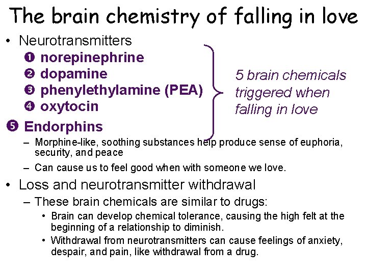 The brain chemistry of falling in love • Neurotransmitters norepinephrine dopamine phenylethylamine (PEA) oxytocin