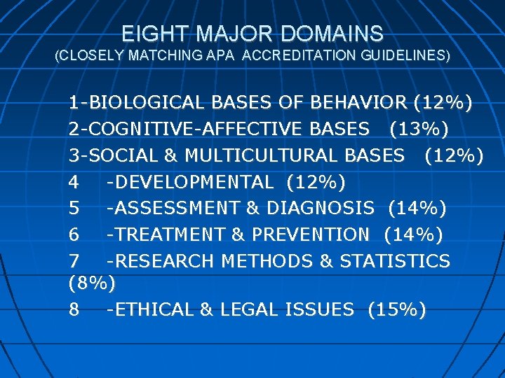 EIGHT MAJOR DOMAINS (CLOSELY MATCHING APA ACCREDITATION GUIDELINES) 1 -BIOLOGICAL BASES OF BEHAVIOR (12%)