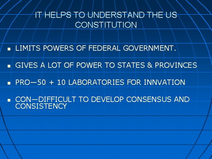 IT HELPS TO UNDERSTAND THE US CONSTITUTION LIMITS POWERS OF FEDERAL GOVERNMENT. GIVES A