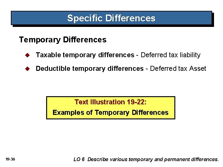 Specific Differences Temporary Differences u Taxable temporary differences - Deferred tax liability u Deductible Specific Differences Temporary Differences u Taxable temporary differences - Deferred tax liability u Deductible