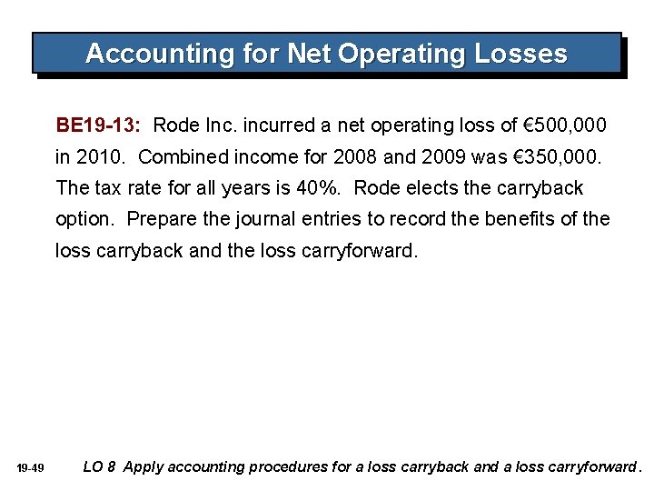 Accounting for Net Operating Losses BE 19 -13: Rode Inc. incurred a net operating Accounting for Net Operating Losses BE 19 -13: Rode Inc. incurred a net operating