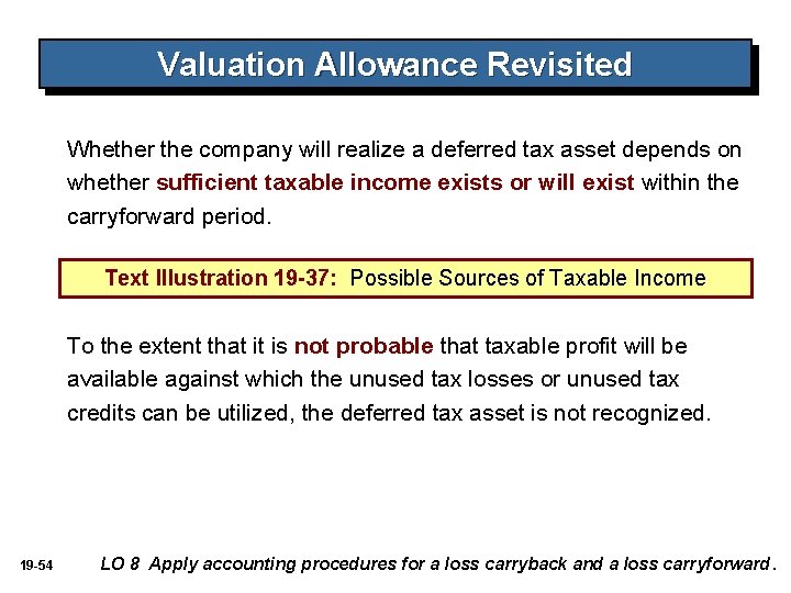 Valuation Allowance Revisited Whether the company will realize a deferred tax asset depends on Valuation Allowance Revisited Whether the company will realize a deferred tax asset depends on