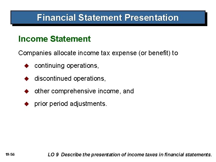 Financial Statement Presentation Income Statement Companies allocate income tax expense (or benefit) to 19 Financial Statement Presentation Income Statement Companies allocate income tax expense (or benefit) to 19