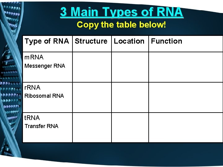 3 Main Types of RNA Copy the table below! Type of RNA Structure Location