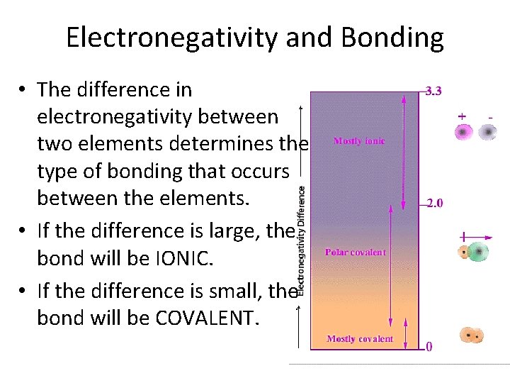 Electronegativity and Bonding • The difference in electronegativity between two elements determines the type
