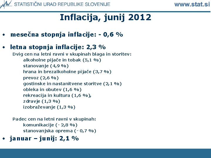 Inflacija, junij 2012 • mesečna stopnja inflacije: - 0, 6 % • letna stopnja