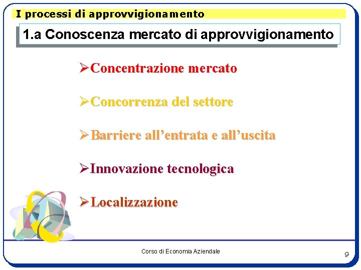 I processi di approvvigionamento 1. a Conoscenza mercato di approvvigionamento ØConcentrazione mercato ØConcorrenza del