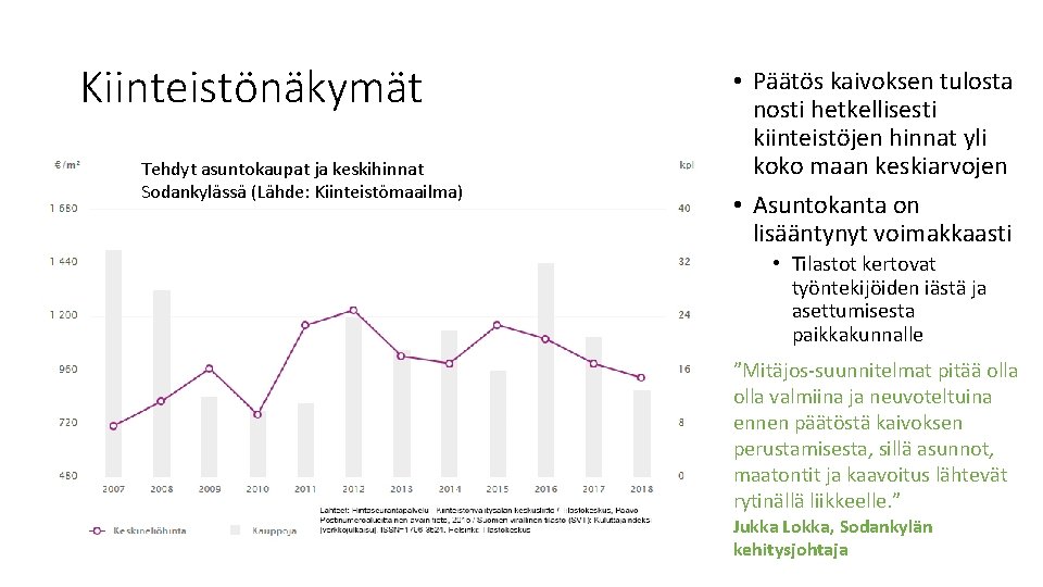 Kiinteistönäkymät Tehdyt asuntokaupat ja keskihinnat Sodankylässä (Lähde: Kiinteistömaailma) • Päätös kaivoksen tulosta nosti hetkellisesti