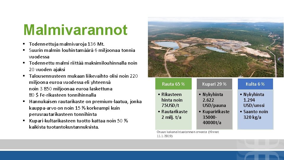 Malmivarannot § Todennettuja malmivaroja 136 Mt. § Suurin malmin louhintamäärä 6 miljoonaa tonnia vuodessa