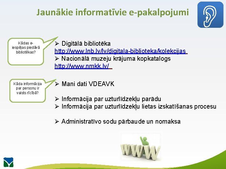 Jaunākie informatīvie e-pakalpojumi Kādas eiespējas piedāvā bibliotēkas? Kāda informācija par personu ir valsts rīcībā?