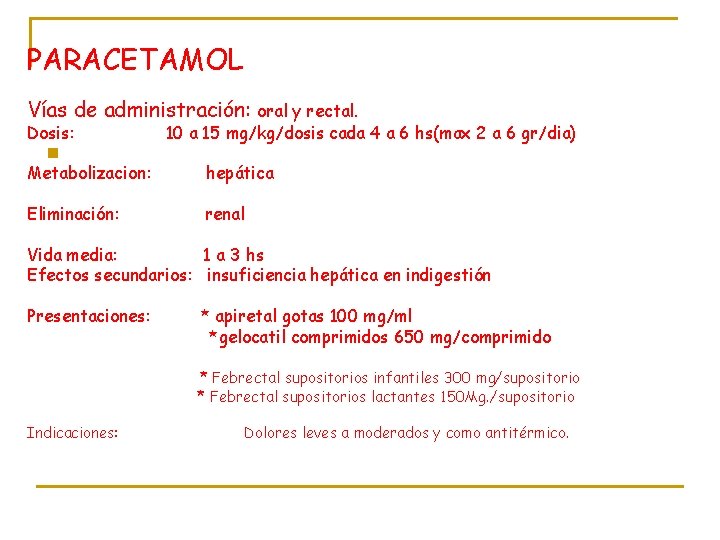 PARACETAMOL Vías de administración: oral y rectal. Dosis: 10 a 15 mg/kg/dosis cada 4