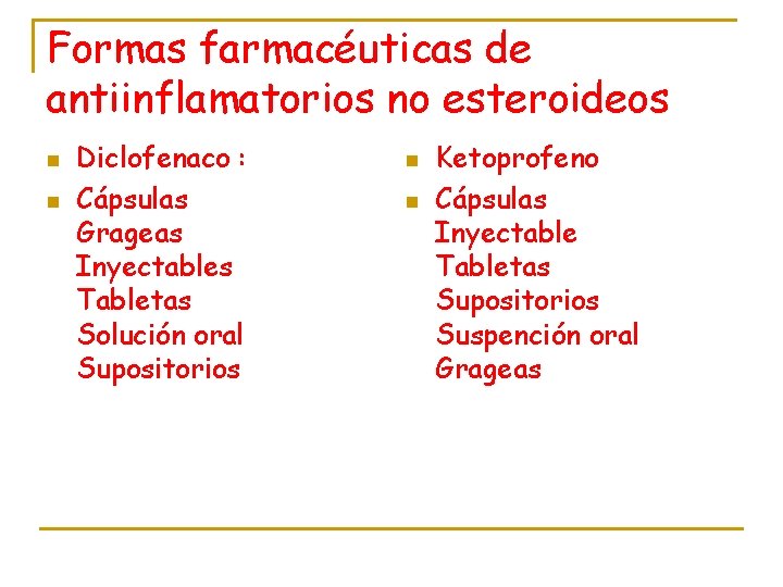 Formas farmacéuticas de antiinflamatorios no esteroideos n n Diclofenaco : Cápsulas Grageas Inyectables Tabletas