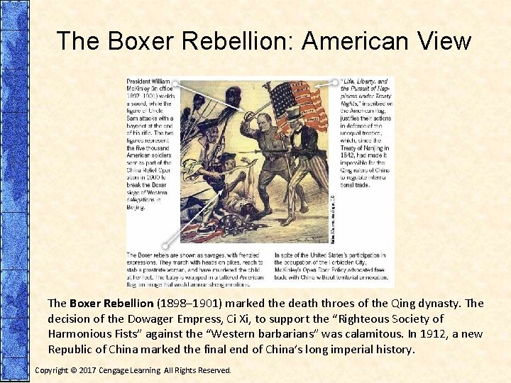 The Boxer Rebellion: American View The Boxer Rebellion (1898– 1901) marked the death throes