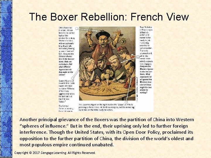 The Boxer Rebellion: French View Another principal grievance of the Boxers was the partition