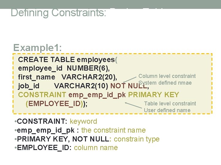 Defining Constraints: During Table Creation Example 1: CREATE TABLE employees( employee_id NUMBER(6), Column level