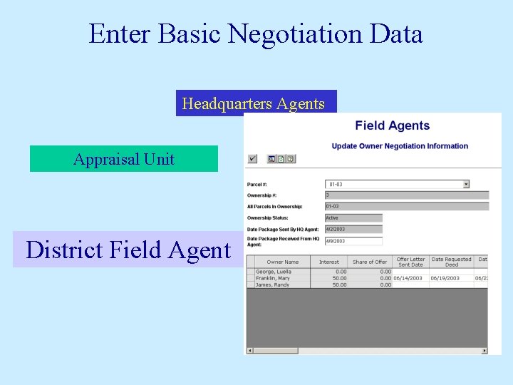 Enter Basic Negotiation Data Headquarters Agents Appraisal Unit District Field Agent Fee Appraisers District