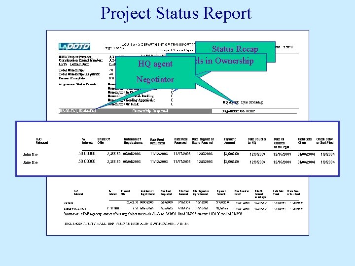 Project Status Report Status Recap HQ agent Parcels in Ownership Negotiator 