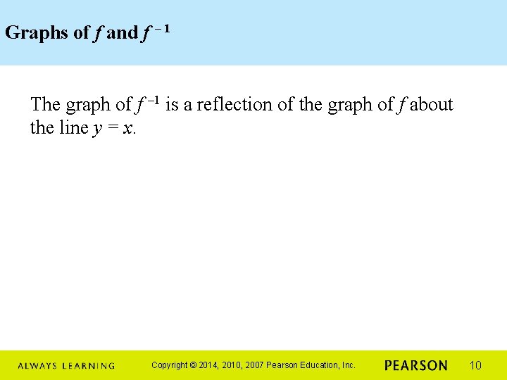 Graphs of f and f – 1 The graph of f – 1 is