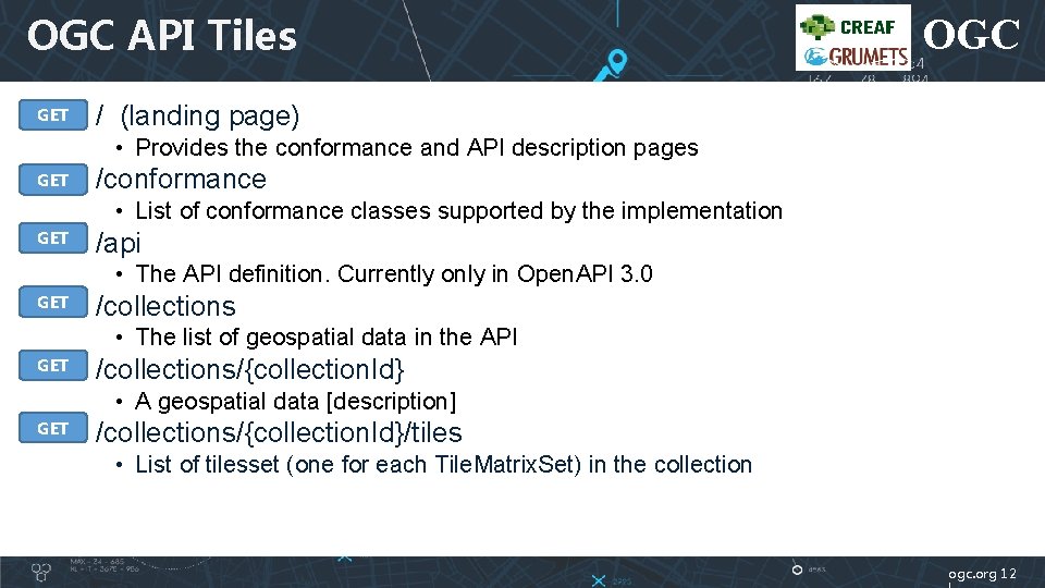 OGC API Tiles GET OGC • / (landing page) • Provides the conformance and