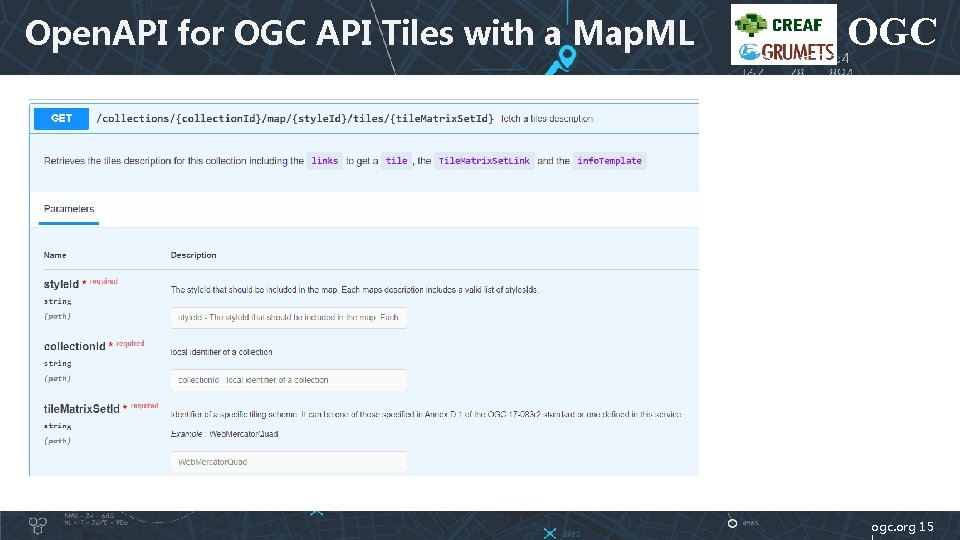Open. API for OGC API Tiles with a Map. ML OGC ogc. org 15