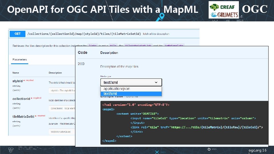 Open. API for OGC API Tiles with a Map. ML OGC ogc. org 16