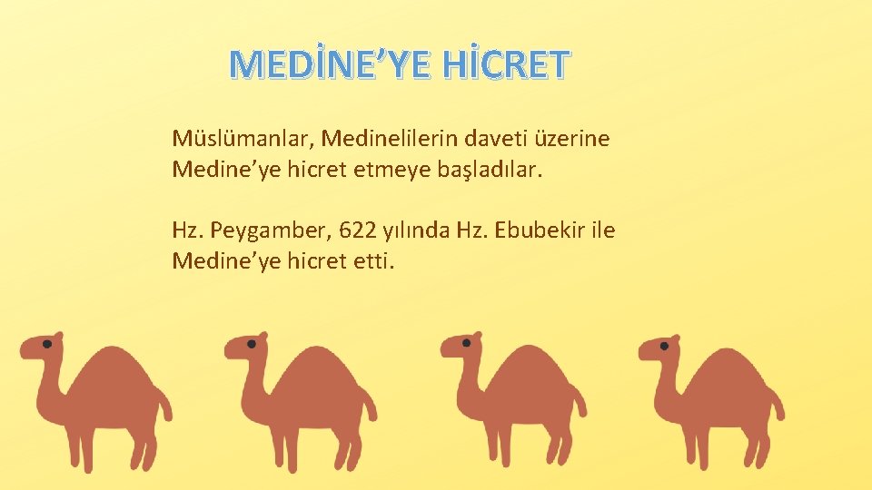 MEDİNE’YE HİCRET Müslümanlar, Medinelilerin daveti üzerine Medine’ye hicret etmeye başladılar. Hz. Peygamber, 622 yılında